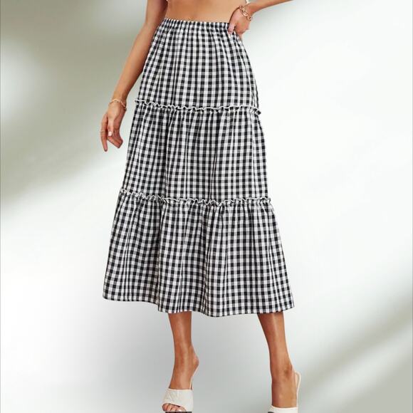 Gingham Tiered Midi Skirt Elastic Waist, Ruffle Hem  Black White Check Med NWT - Picture 3 of 5